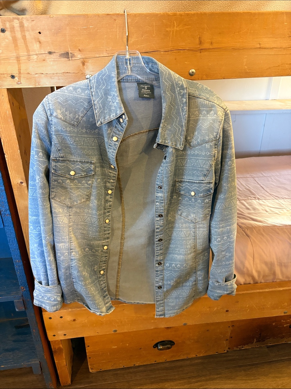 Men's Light Blue Denim Jacket with Aztec Print